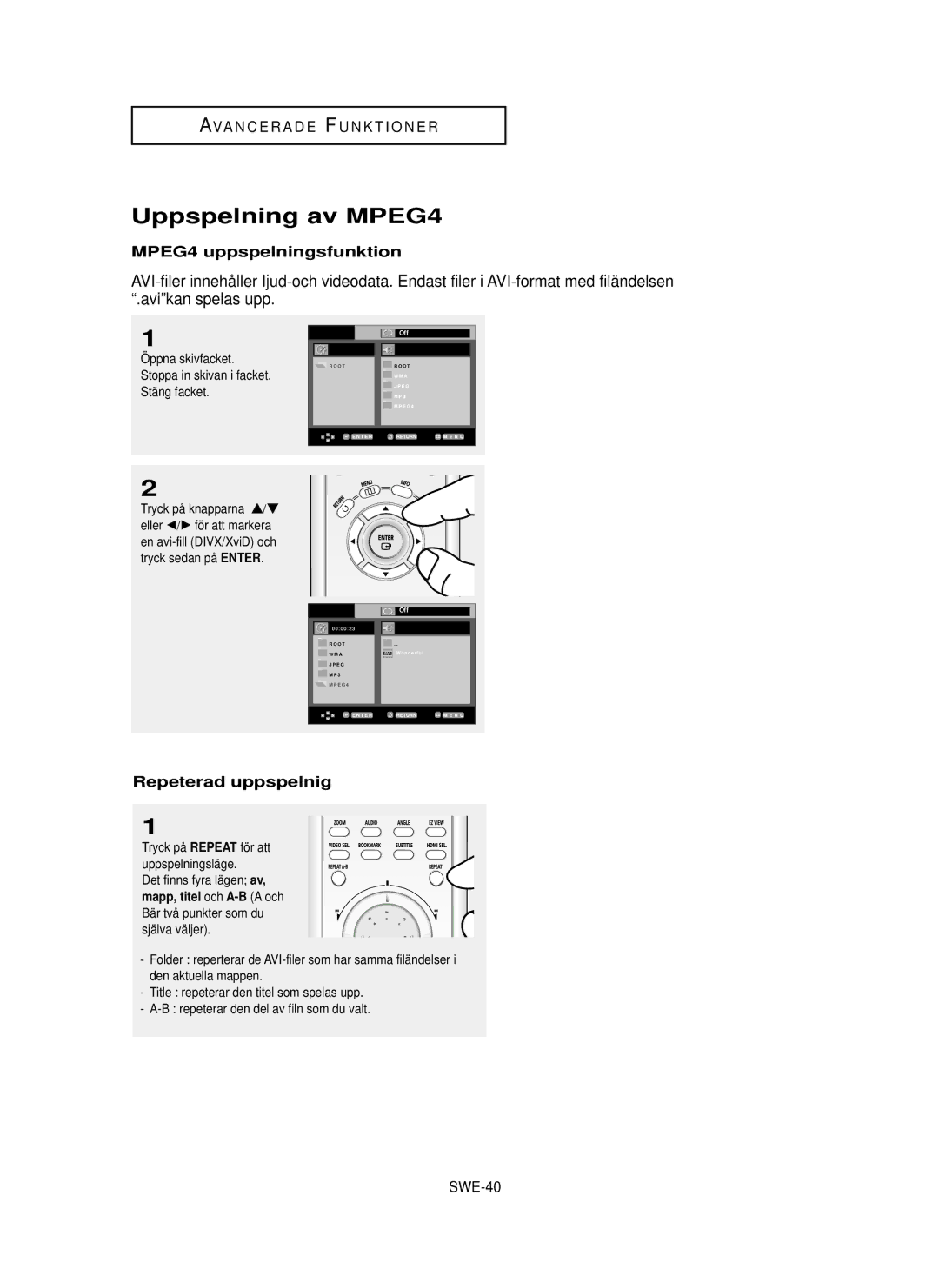 Samsung DVD-HD850/XEE manual Uppspelning av MPEG4, MPEG4 uppspelningsfunktion, Repeterad uppspelnig, SWE-40 