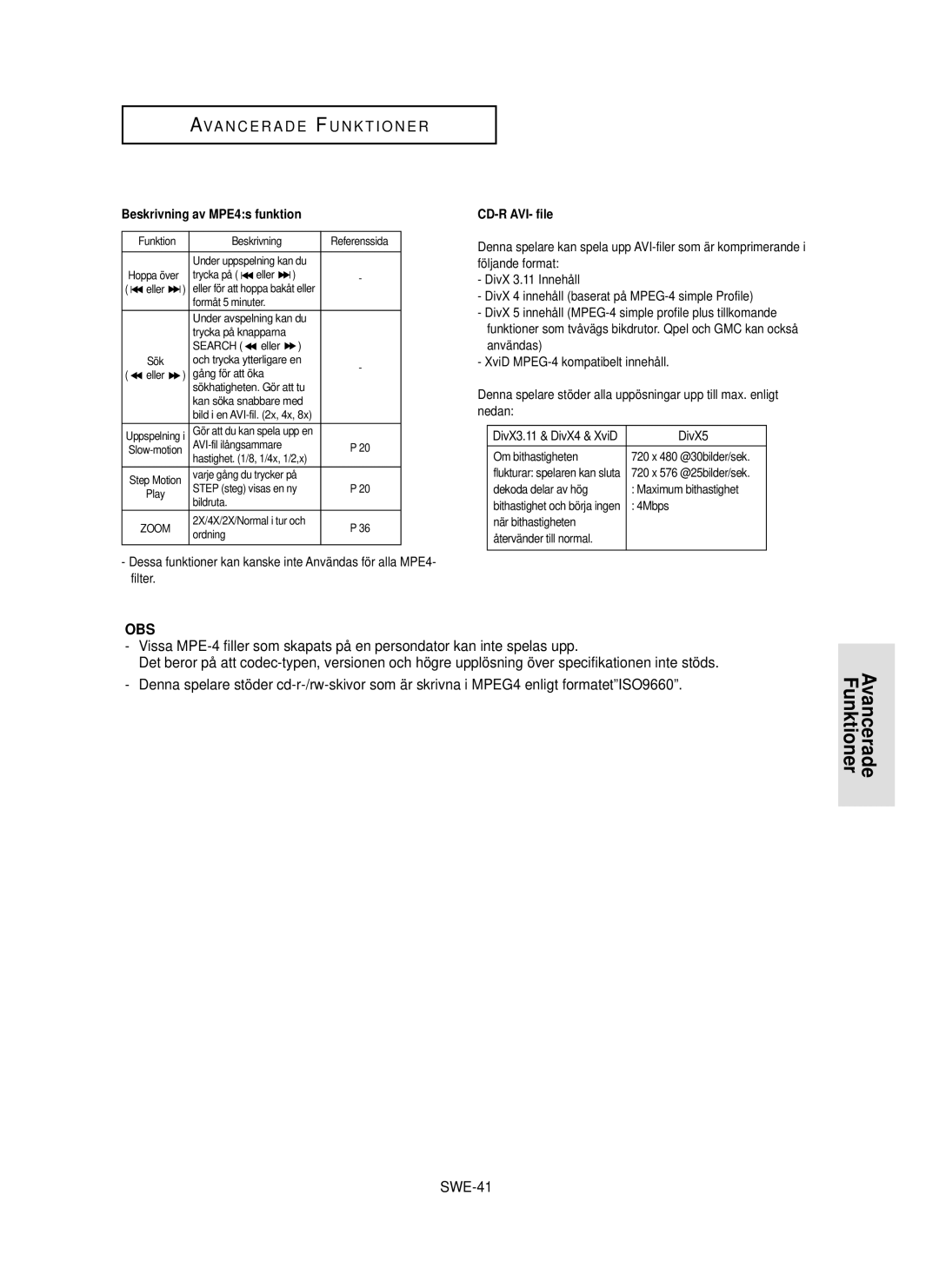 Samsung DVD-HD850/XEE manual SWE-41, Beskrivning av MPE4s funktion, DivX3.11 & DivX4 & XviD DivX5 