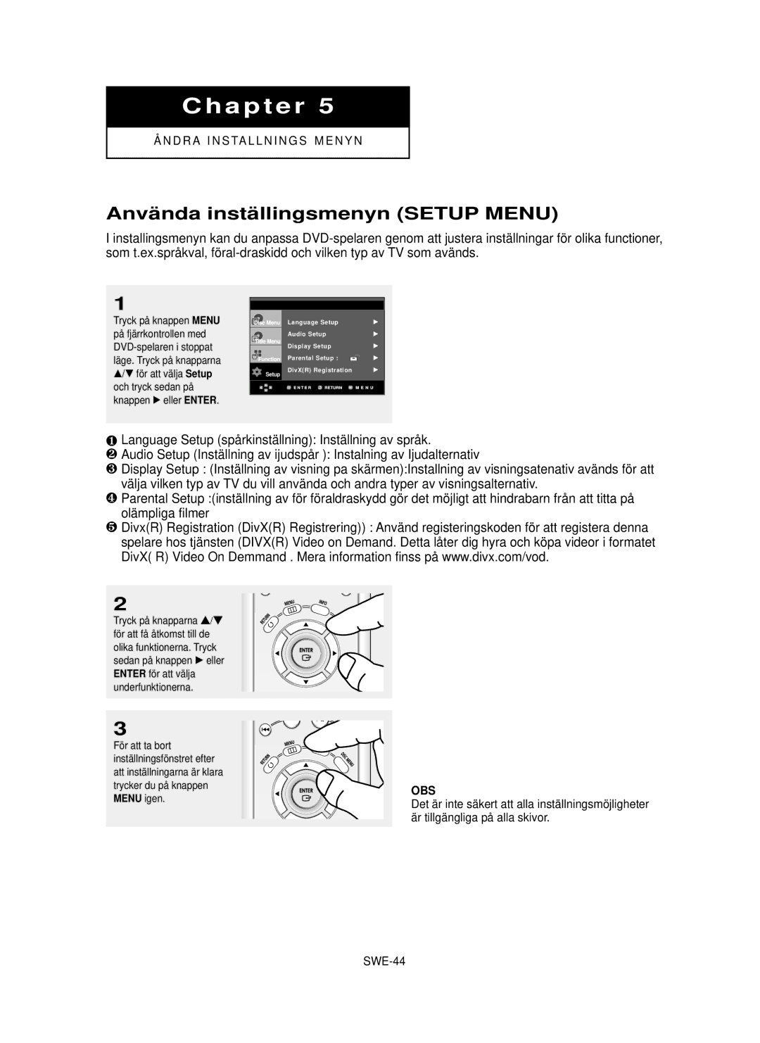 Samsung DVD-HD850/XEE manual Anvä nda instä llingsmenyn Setup Menu, SWE-44 