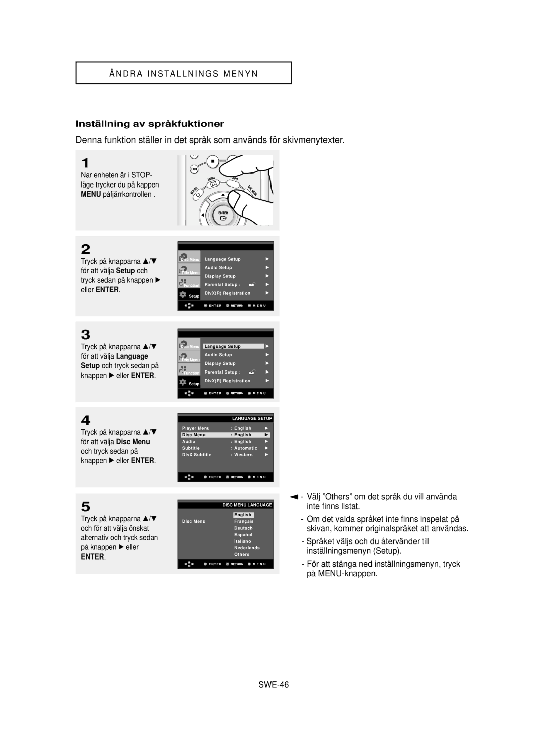 Samsung DVD-HD850/XEE Instä llning av språ kfuktioner, Inte finns listat, Inställningsmenyn Setup, På MENU-knappen, SWE-46 