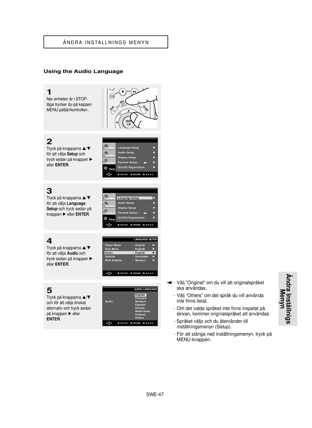 Samsung DVD-HD850/XEE manual Instä llnigs Menyn, Using the Audio Language, Ska användas, MENU-knappen, SWE-47 