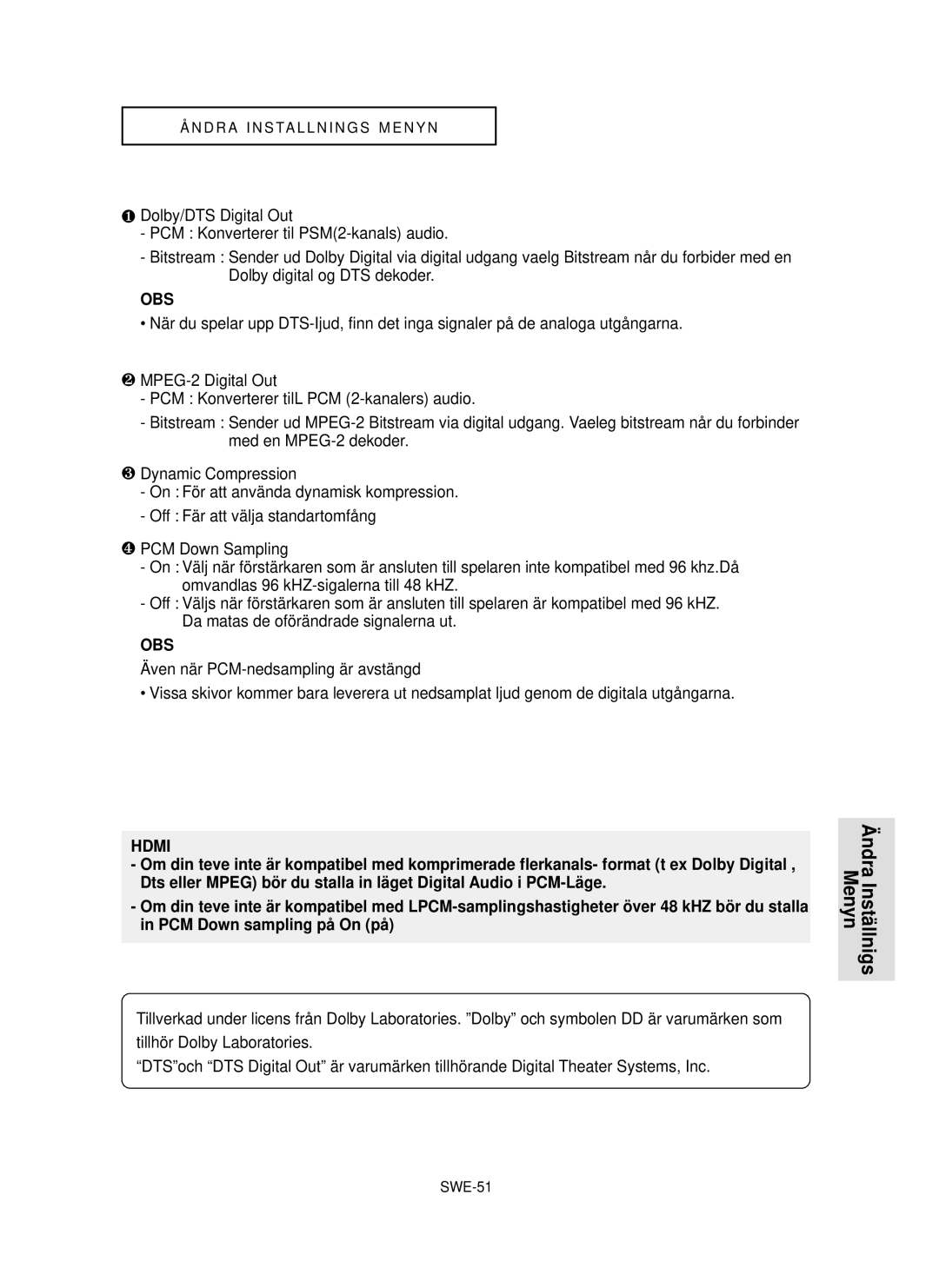 Samsung DVD-HD850/XEE manual Hdmi, SWE-51 