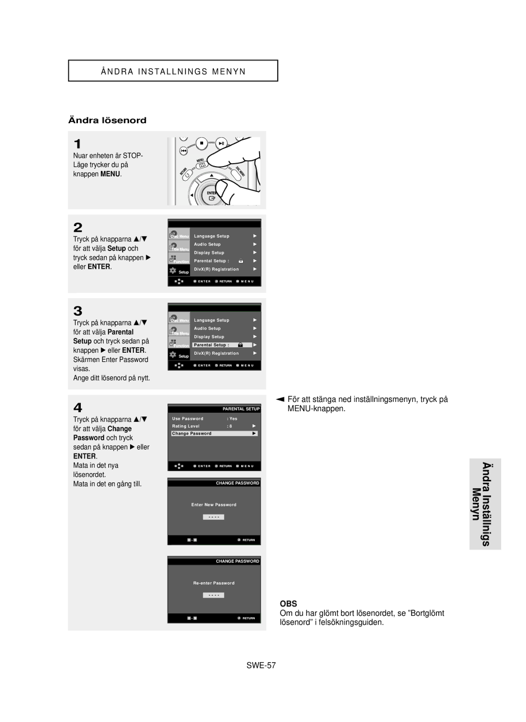 Samsung DVD-HD850/XEE manual Ndra lö senord, SWE-57, Visas, För att välja Change, Mata in det en gång till 