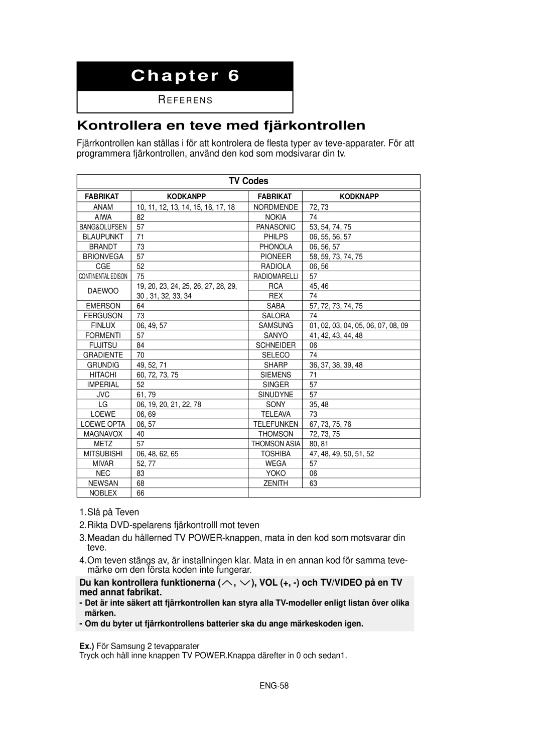 Samsung DVD-HD850/XEE manual Kontrollera en teve med fjä rkontrollen, TV Codes, Fabrikat Kodkanpp, Kodknapp 