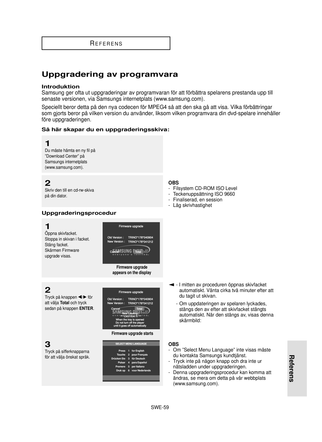 Samsung DVD-HD850/XEE manual Uppgradering av programvara, Referens, Introduktion, Så hä r skapar du en uppgraderingsskiva 