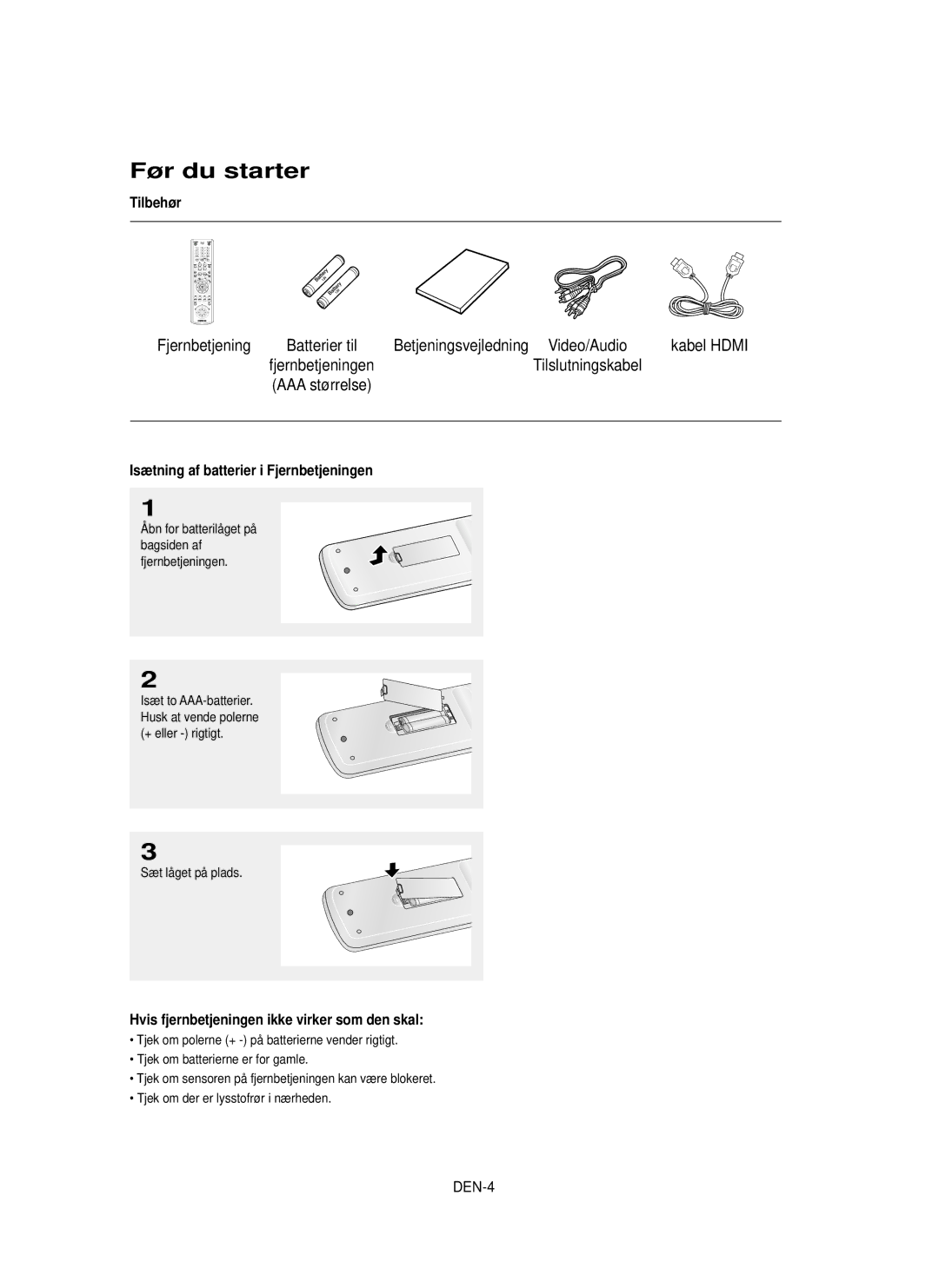 Samsung DVD-HD850/XEE manual Før du starter, Fjernbetjening Batterier til, Fjernbetjeningen Tilslutningskabel AAA størrelse 