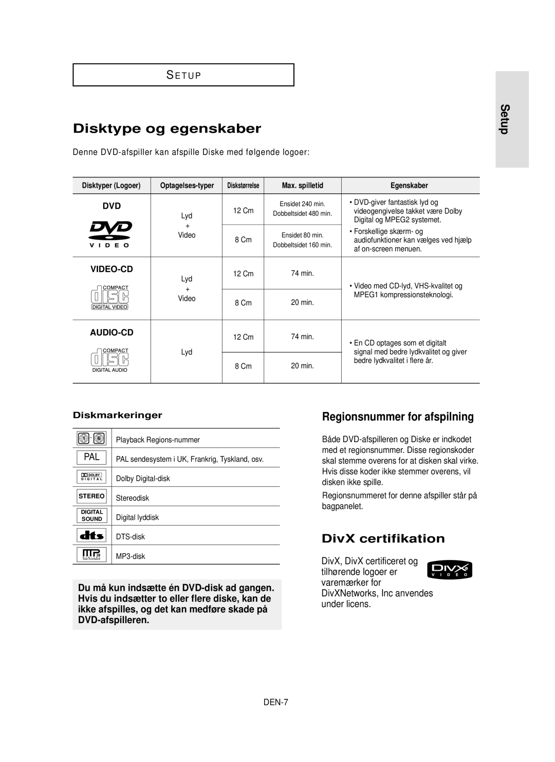 Samsung DVD-HD850/XEE manual Disktype og egenskaber, Setup, Denne DVD-afspiller kan afspille Diske med følgende logoer 