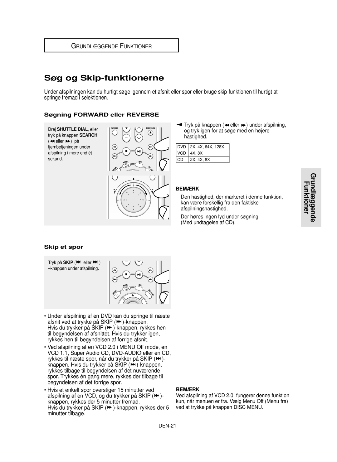 Samsung DVD-HD850/XEE manual Søg og Skip-funktionerne, Minutter tilbage, Søgning Forward eller Reverse, Skip et spor 