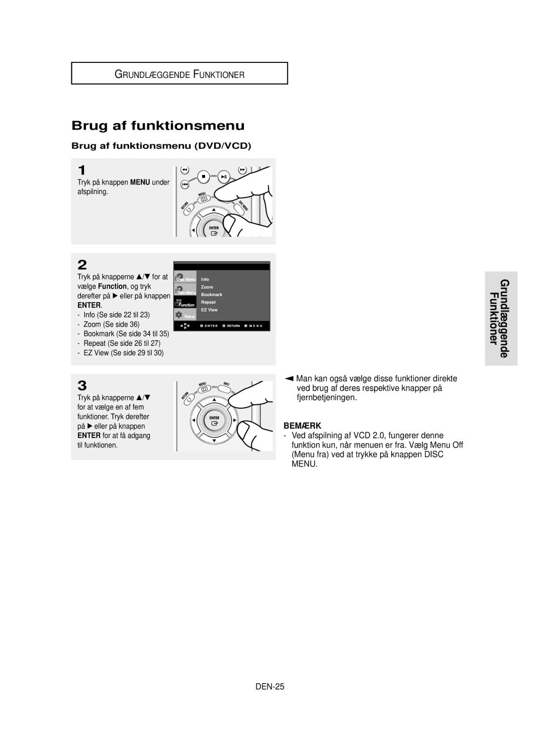 Samsung DVD-HD850/XEE manual Brug af funktionsmenu DVD/VCD, DEN-25, Afspilning 