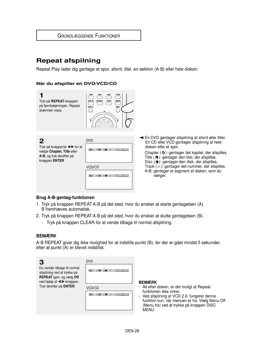 Samsung DVD-HD850/XEE manual Repeat afspilning, Brug A-B-gentag-funktionen, Nå r du afspiller en DVD/VCD/CD, DEN-26 