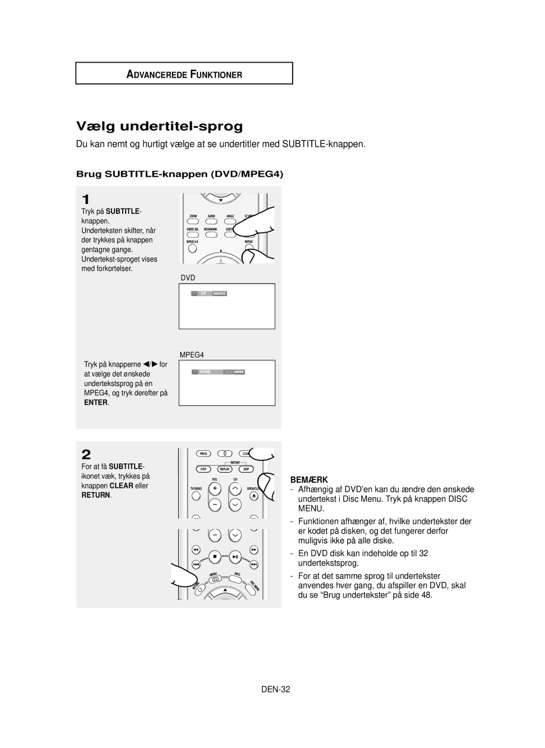 Samsung DVD-HD850/XEE manual Vælg undertitel-sprog, Brug SUBTITLE-knappen DVD/MPEG4, DEN-32, Return 