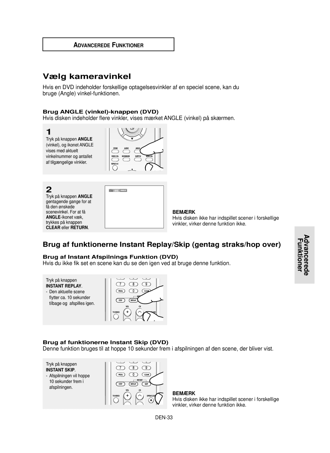 Samsung DVD-HD850/XEE Vælg kameravinkel, Brug Angle vinkel-knappen DVD, Brug af Instant Afspilnings Funktion DVD, DEN-33 