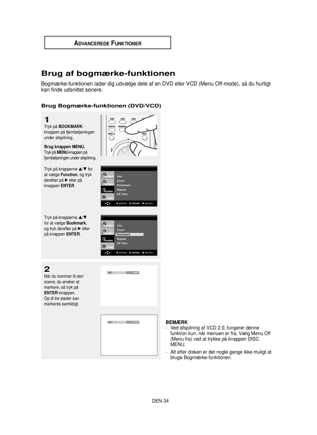 Samsung DVD-HD850/XEE Brug af bogmærke-funktionen, Brug Bogmærke-funktionen DVD/VCD, DEN-34, Brug knappen Menu, √ eller på 