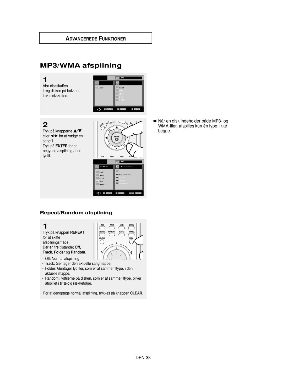 Samsung DVD-HD850/XEE manual MP3/WMA afspilning, Repeat/Random afspilning, DEN-38 