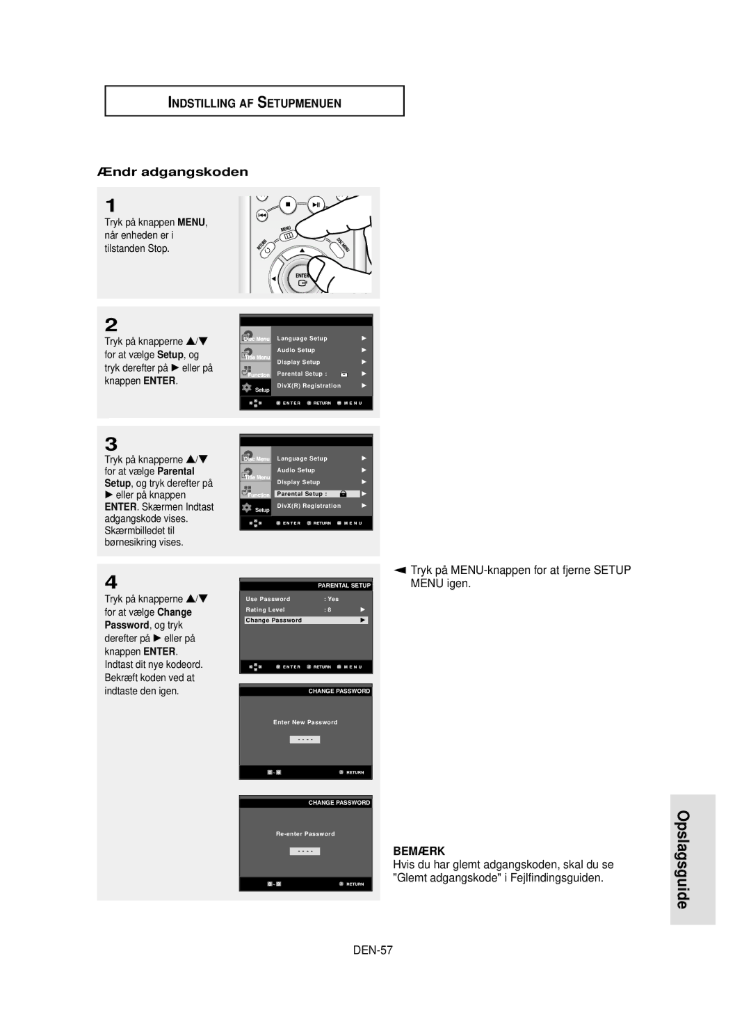 Samsung DVD-HD850/XEE manual Opslagsguide, Ændr adgangskoden, DEN-57, Setup, og tryk derefter på, Change 