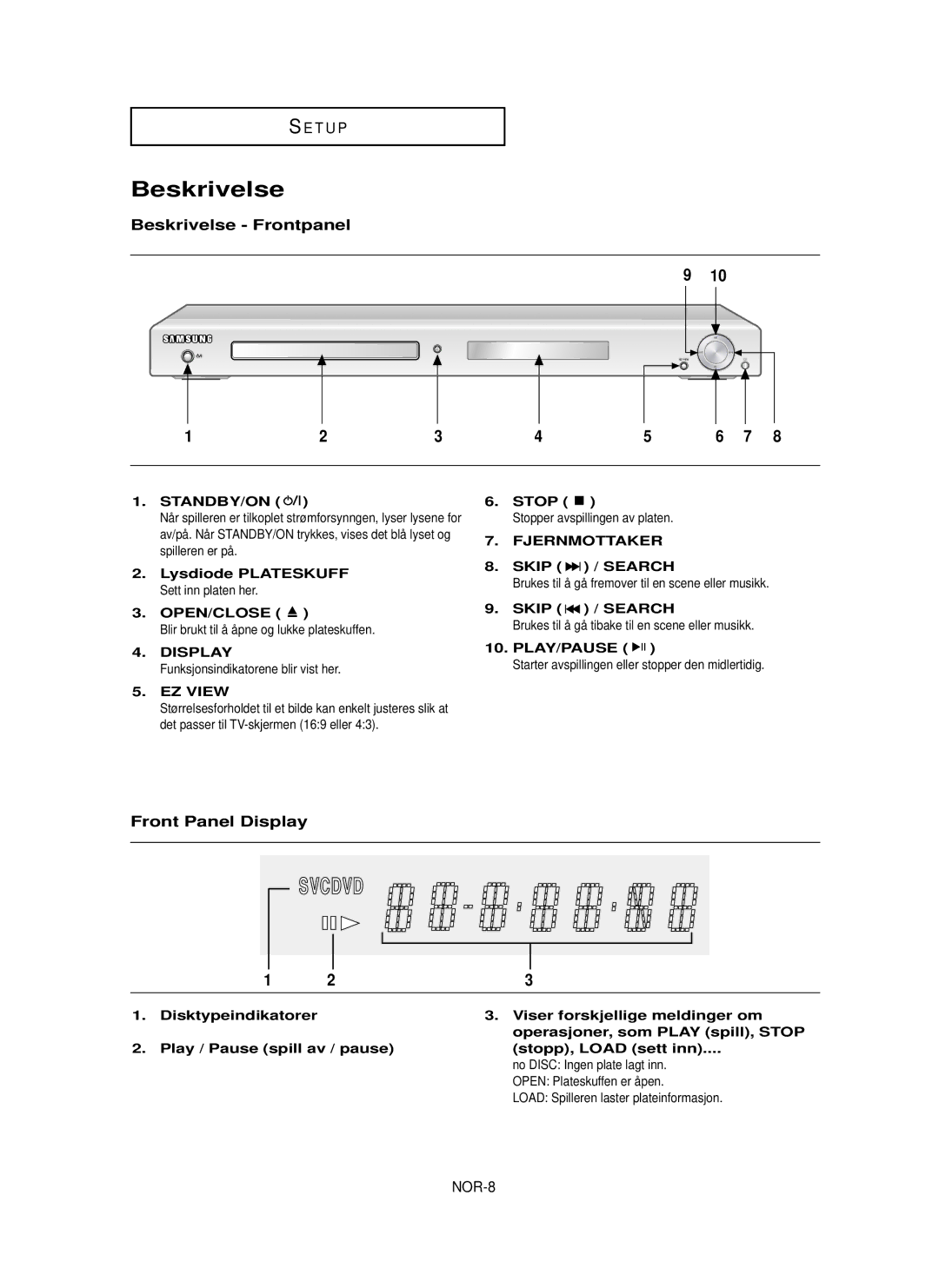 Samsung DVD-HD850/XEE manual Beskrivelse Frontpanel, Front Panel Display, Lysdiode Plateskuff Sett inn platen her 