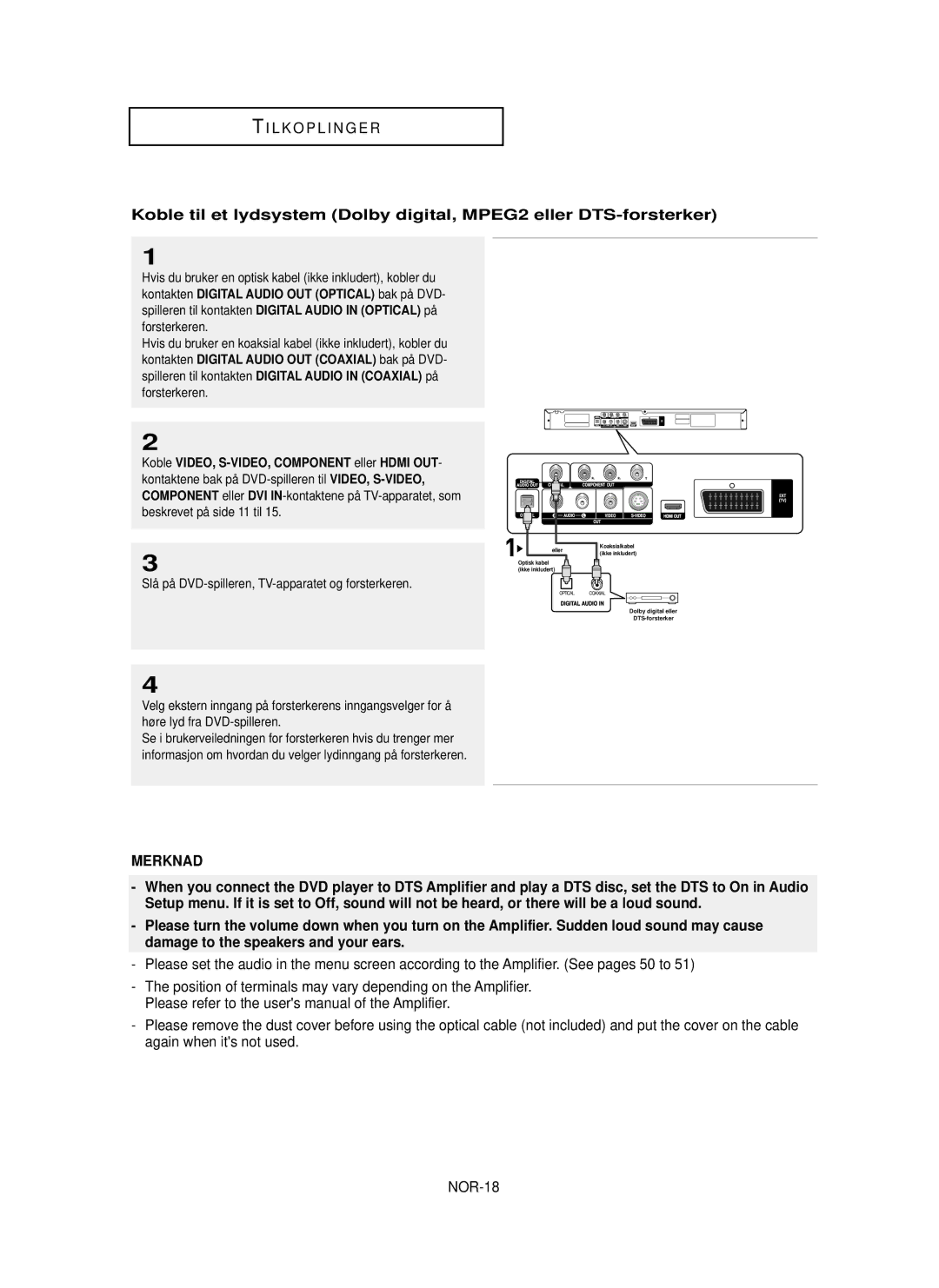 Samsung DVD-HD850/XEE manual NOR-18, Hvis du bruker en optisk kabel ikke inkludert, kobler du 