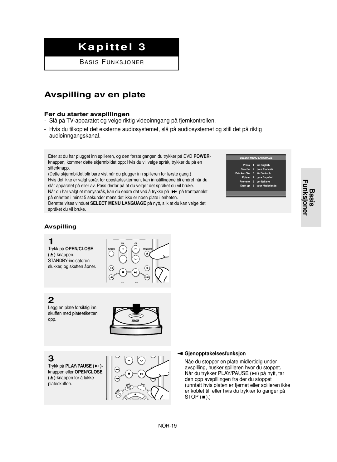 Samsung DVD-HD850/XEE manual Avspilling av en plate, Basis Funksjoner, Før du starter avspillingen, Gjenopptakelsesfunksjon 