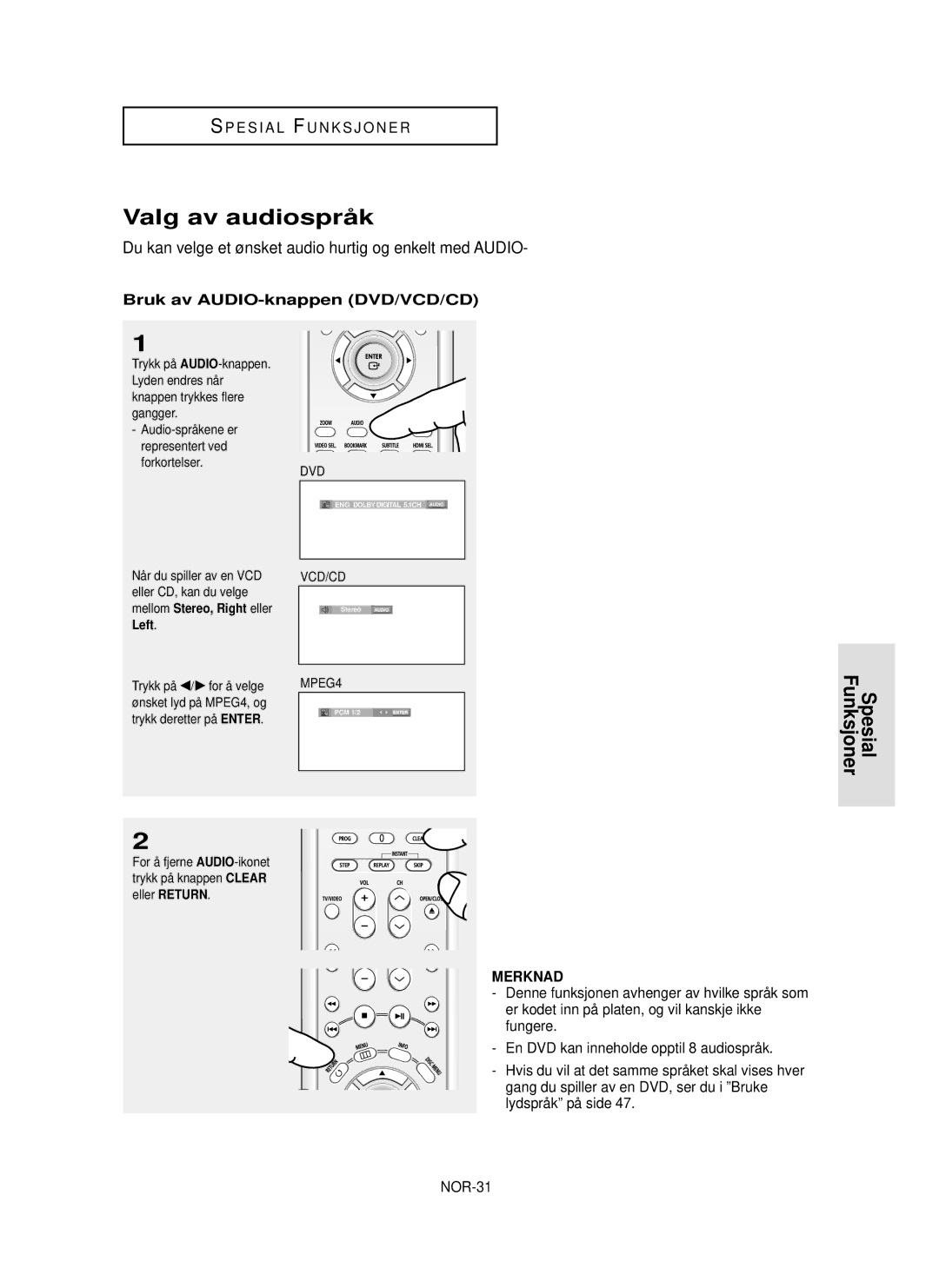 Samsung DVD-HD850/XEE manual Valg av audiospråk, Du kan velge et ønsket audio hurtig og enkelt med Audio, NOR-31 