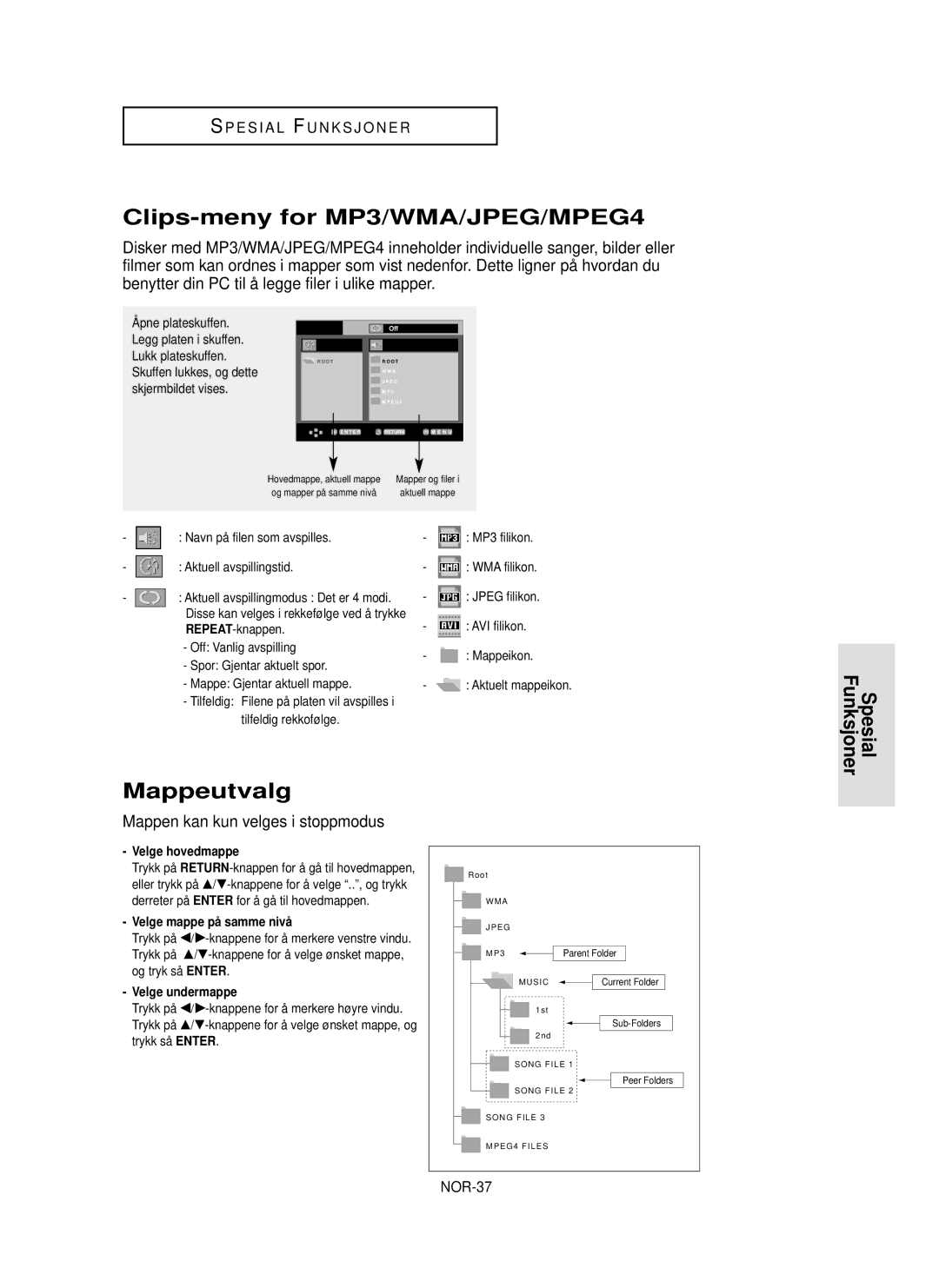 Samsung DVD-HD850/XEE manual Clips-meny for MP3/WMA/JPEG/MPEG4, Mappeutvalg, Mappen kan kun velges i stoppmodus, NOR-37 