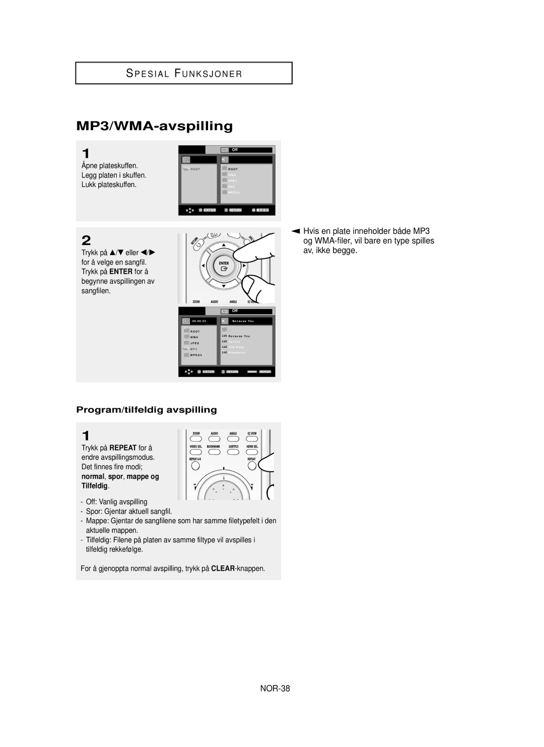 Samsung DVD-HD850/XEE manual MP3/WMA-avspilling, Av, ikke begge, Program/tilfeldig avspilling, NOR-38 