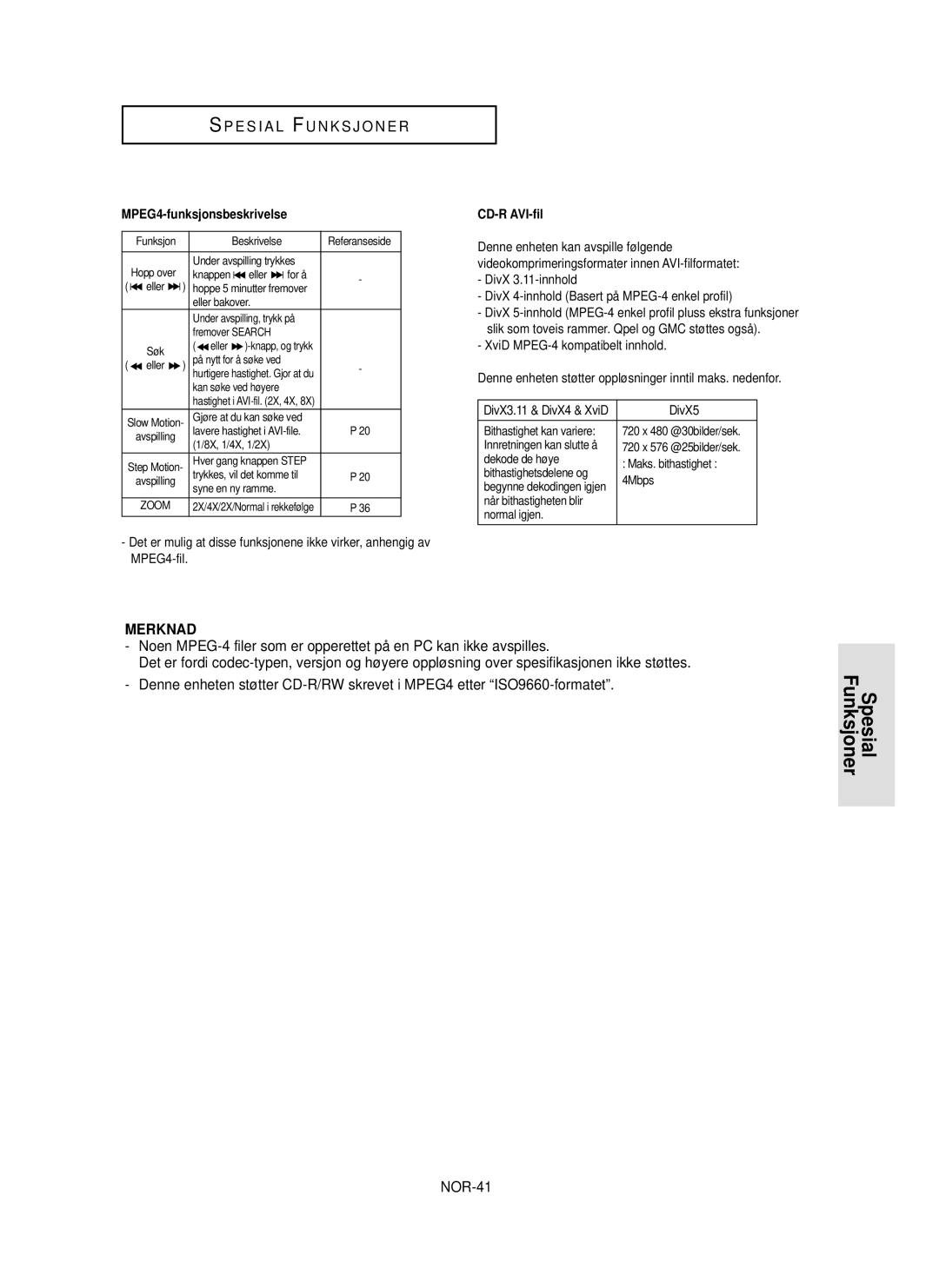 Samsung DVD-HD850/XEE manual NOR-41, MPEG4-funksjonsbeskrivelse 