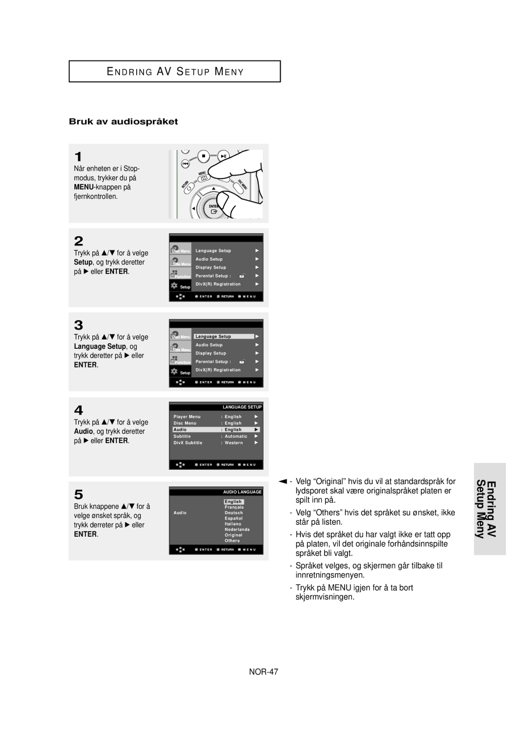 Samsung DVD-HD850/XEE manual Bruk av audiosprå ket, Spilt inn på, Trykk på Menu igjen for å ta bort, NOR-47 