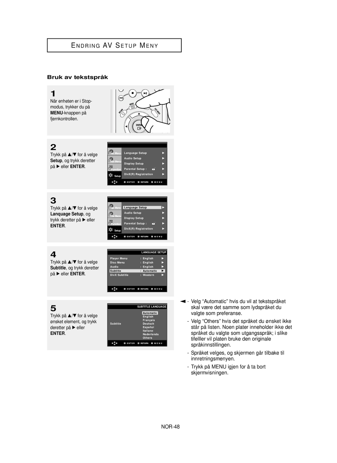 Samsung DVD-HD850/XEE manual Bruk av tekstsprå k, Valgte som preferanse, Språkinnstillingen, NOR-48 