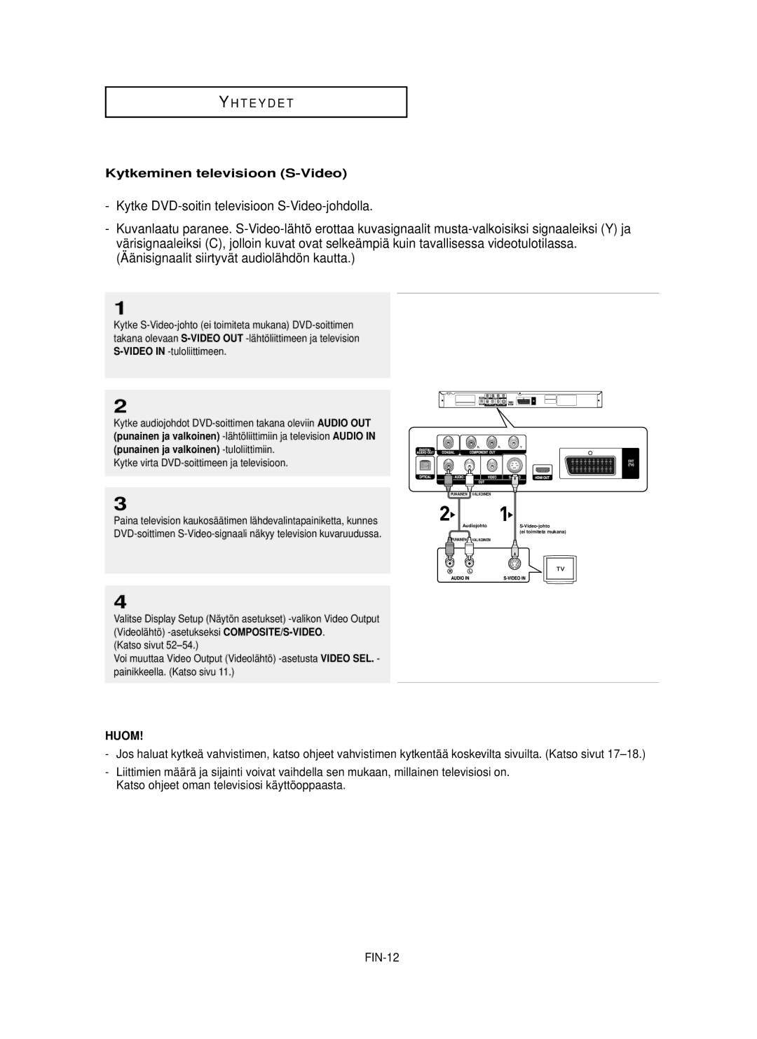 Samsung DVD-HD850/XEE manual Kytke DVD-soitin televisioon S-Video-johdolla, Kytkeminen televisioon S-Video, FIN-12 