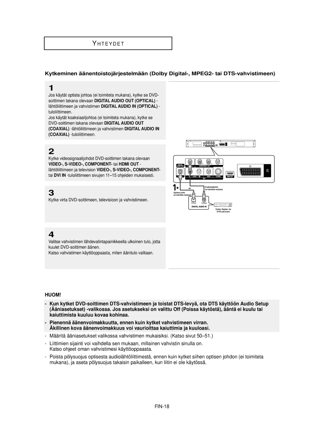 Samsung DVD-HD850/XEE manual FIN-18, Jos käytät optista johtoa ei toimiteta mukana, kytke se DVD, Digital Audio OUT 