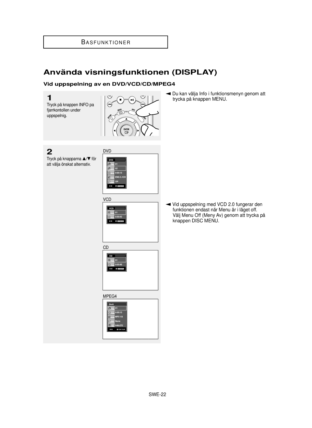 Samsung DVD-HD850/XEE manual Anvä nda visningsfunktionen Display, Vid uppspelning av en DVD/VCD/CD/MPEG4, SWE-22 