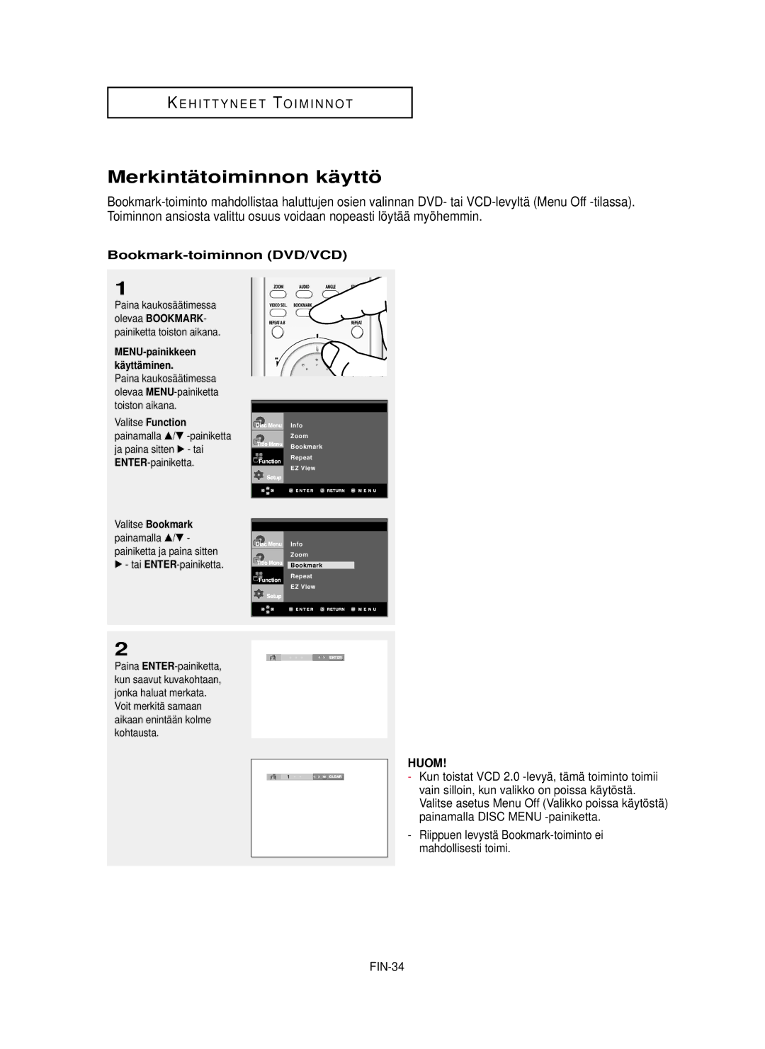 Samsung DVD-HD850/XEE manual Merkintä toiminnon kä yttö, Bookmark-toiminnon DVD/VCD, FIN-34, Paina kaukosäätimessa 