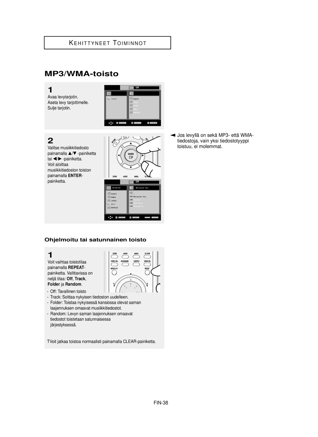 Samsung DVD-HD850/XEE manual MP3/WMA-toisto, Jos levyllä on sekä MP3- että WMA, Ohjelmoitu tai satunnainen toisto, FIN-38 