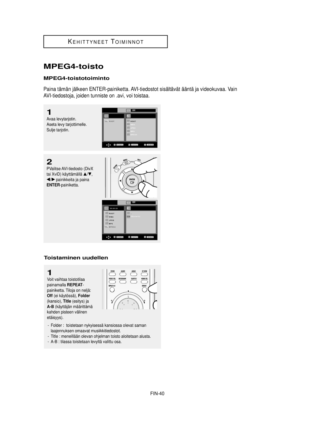 Samsung DVD-HD850/XEE manual MPEG4-toistotoiminto, Toistaminen uudellen, FIN-40 