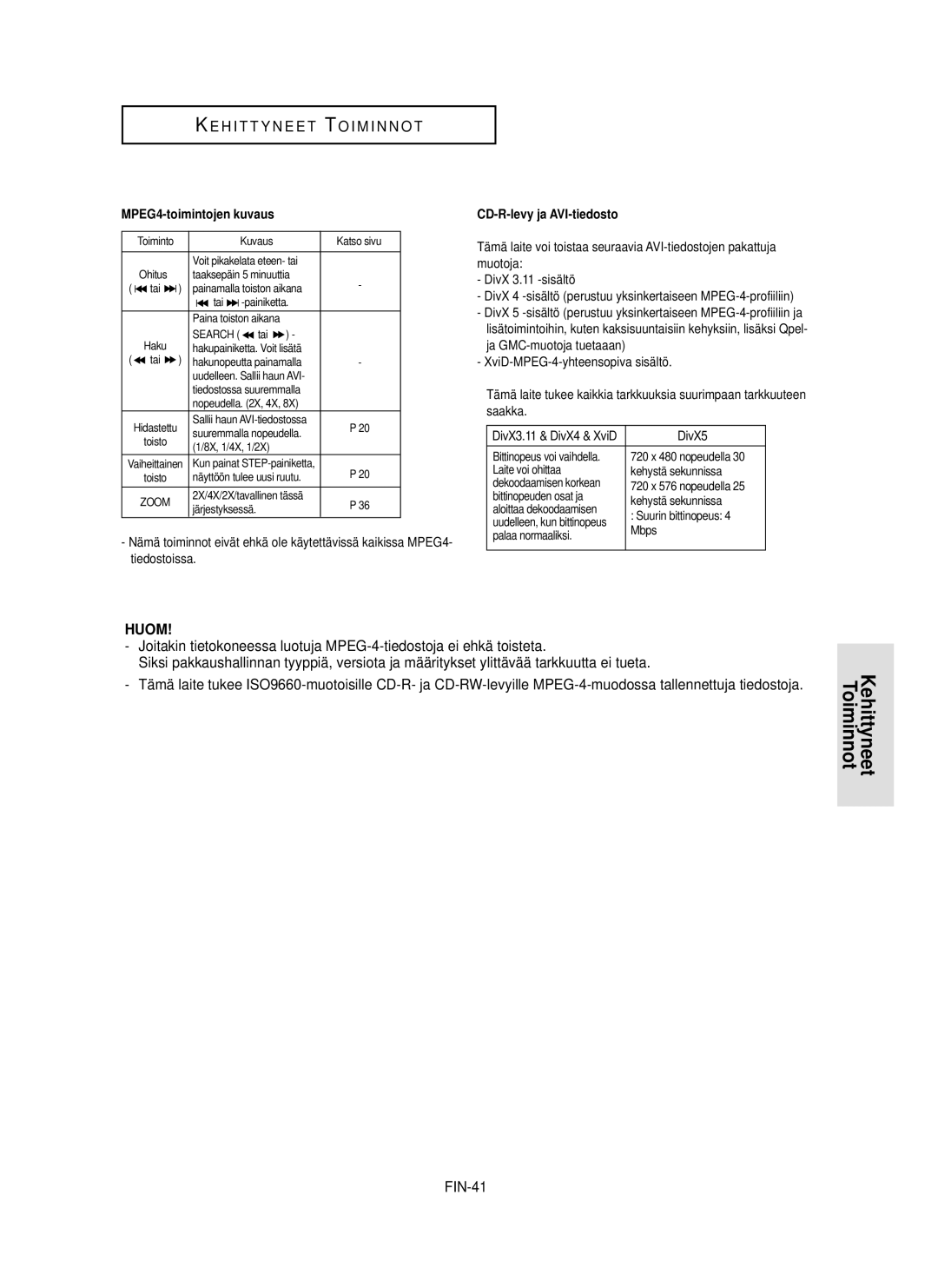 Samsung DVD-HD850/XEE manual FIN-41, MPEG4-toimintojen kuvaus 