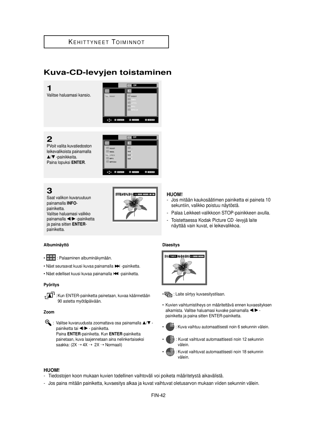 Samsung DVD-HD850/XEE manual Kuva-CD-levyjen toistaminen, Palaa Leikkeet-valikkoon STOP-painikkeen avulla, Albuminä yttö 