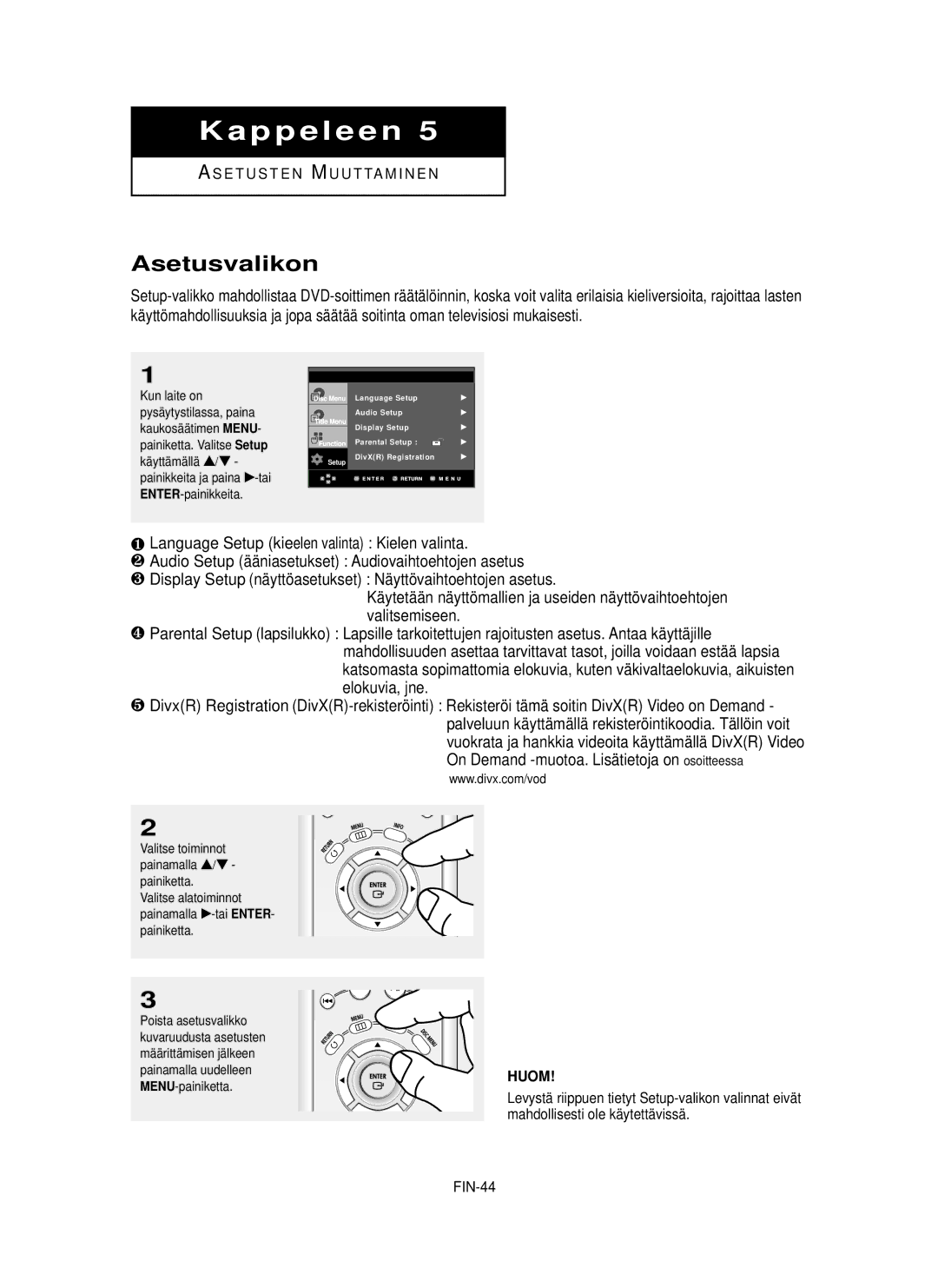 Samsung DVD-HD850/XEE manual Asetusvalikon 