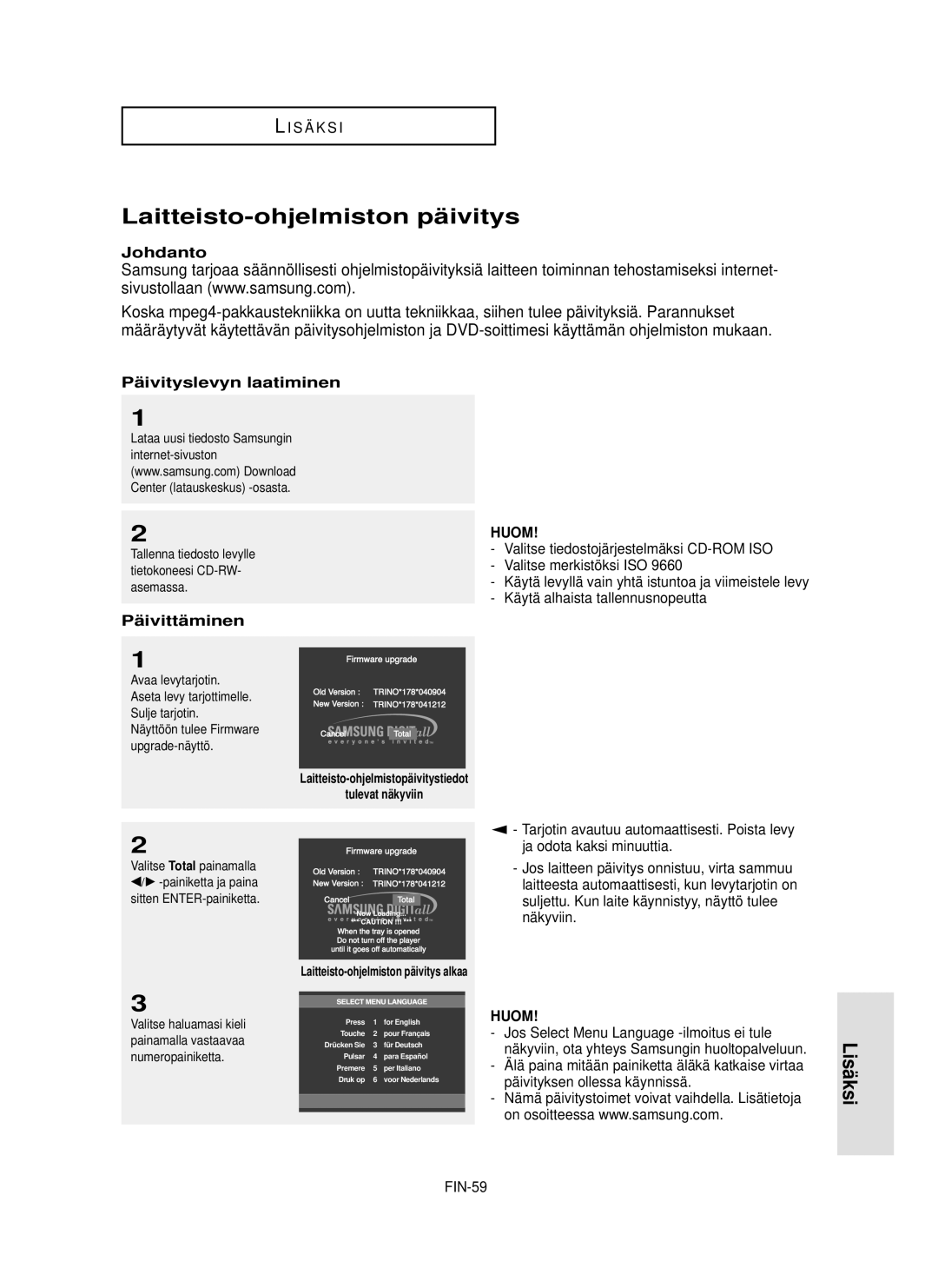 Samsung DVD-HD850/XEE Laitteisto-ohjelmiston pä ivitys, Lisä ksi, Johdanto, Pä ivityslevyn laatiminen, Pä ivittä minen 