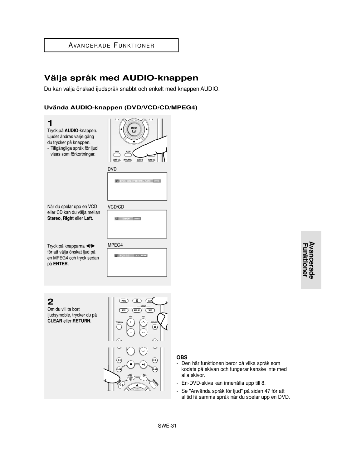 Samsung DVD-HD850/XEE manual Välja språk med AUDIO-knappen, Uvända AUDIO-knappen DVD/VCD/CD/MPEG4, SWE-31, Left, På Enter 