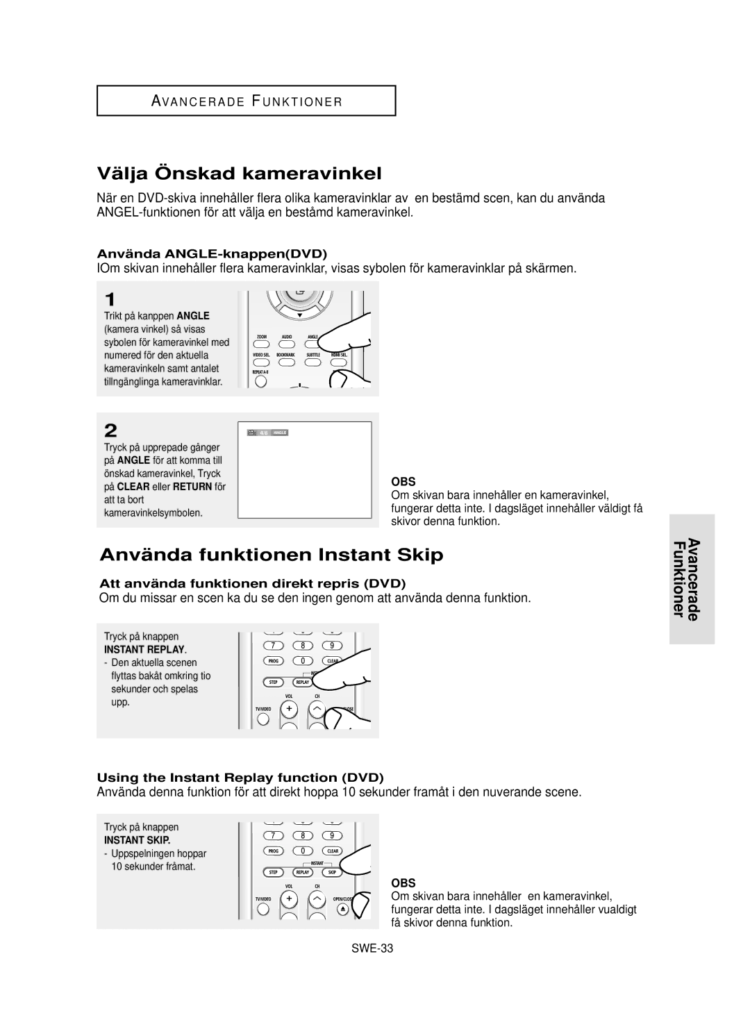 Samsung DVD-HD850/XEE manual Vä lja Ö nskad kameravinkel, Anvä nda funktionen Instant Skip, Anvä nda ANGLE-knappenDVD 