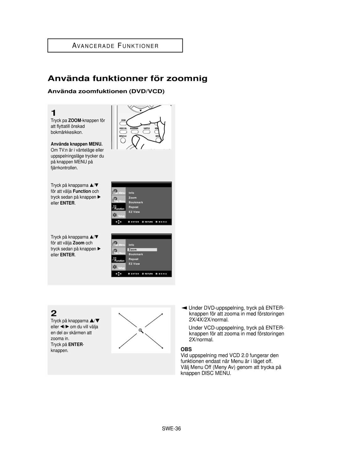 Samsung DVD-HD850/XEE manual Anvä nda funktionner fö r zoomnig, Anvä nda zoomfuktionen DVD/VCD, 2X/4X/2X/normal, SWE-36 