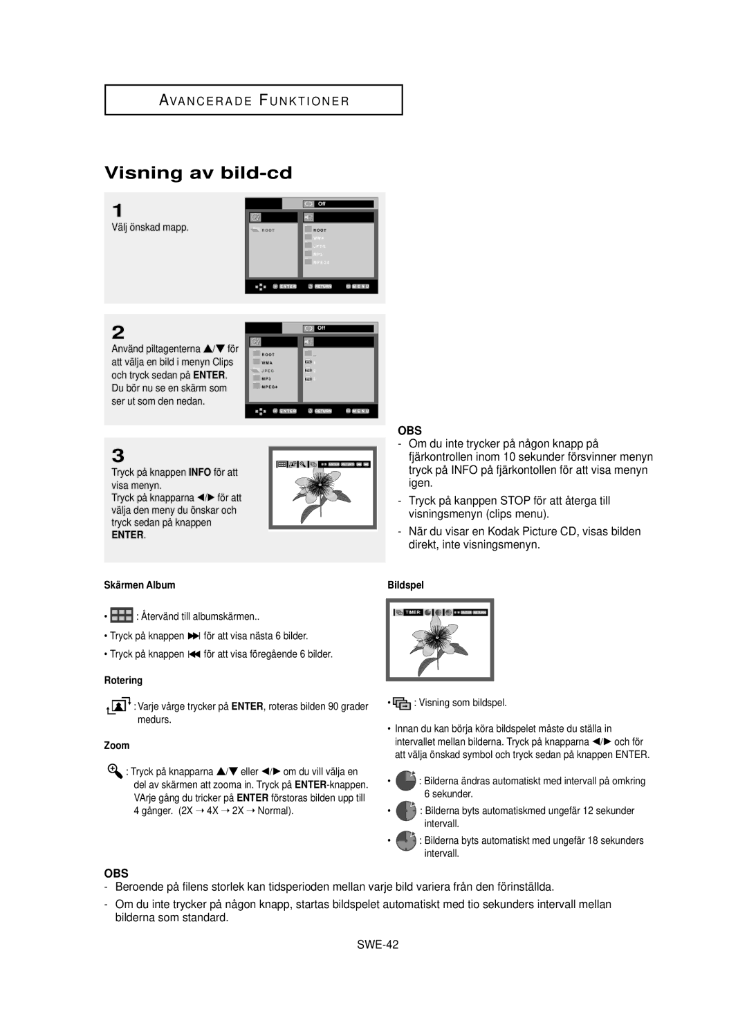 Samsung DVD-HD850/XEE manual Visning av bild-cd, N K T I O N E R, SWE-42 