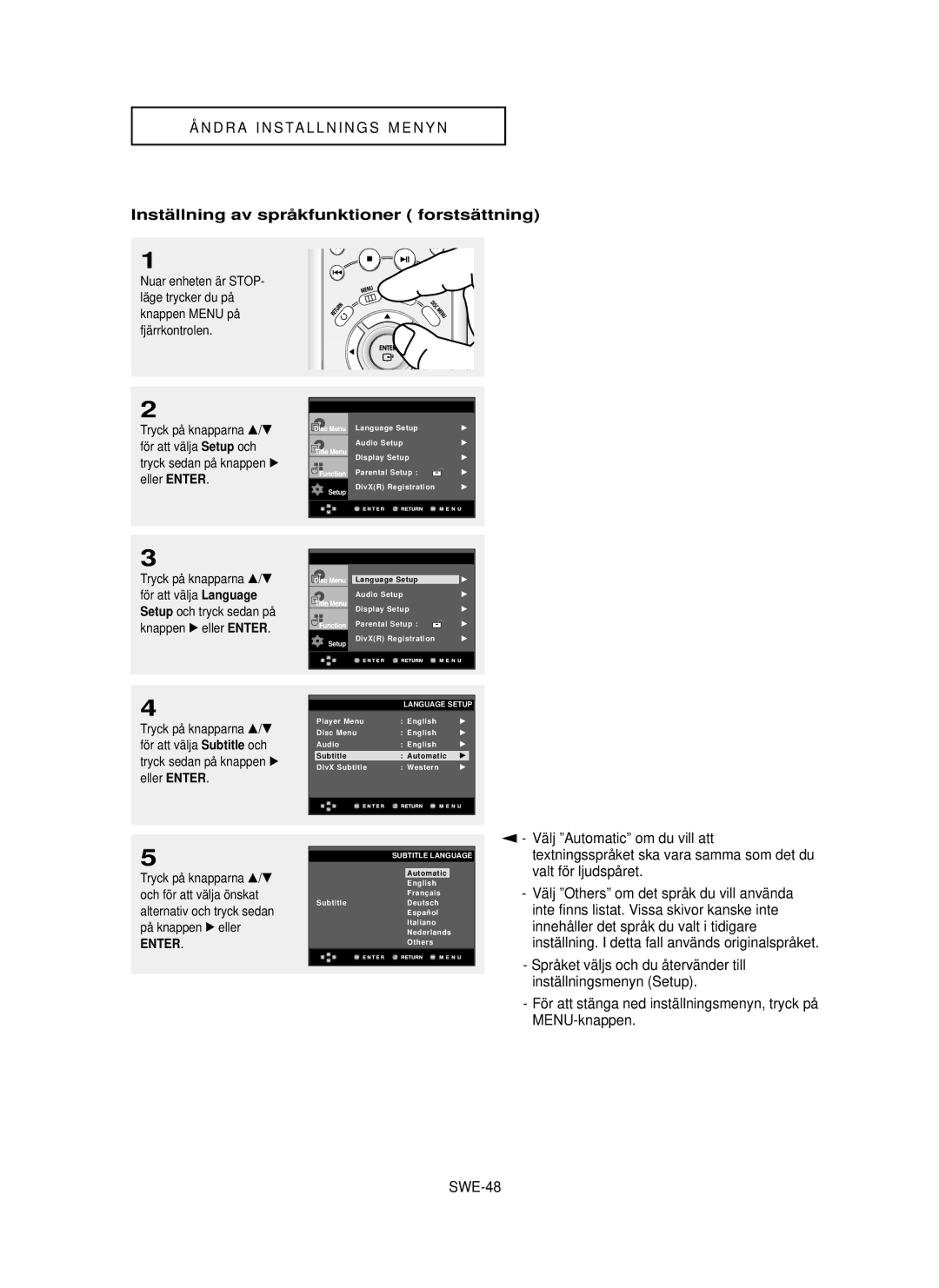 Samsung DVD-HD850/XEE manual Instä llning av språ kfunktioner forstsä ttning, SWE-48 