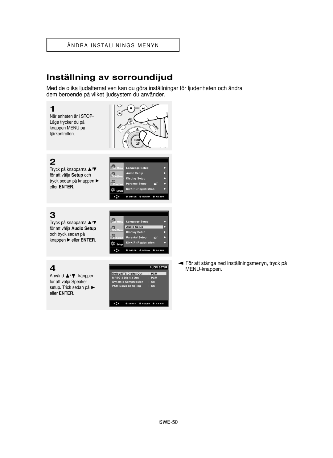 Samsung DVD-HD850/XEE manual Instä llning av sorroundijud, SWE-50, Knappen √ eller Enter Använd /❷ -kanppen 