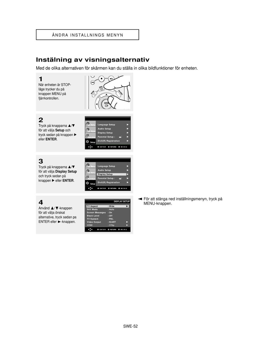 Samsung DVD-HD850/XEE manual Instä lning av visningsalternativ, SWE-52, /❷-knappen, För att välja önskat 