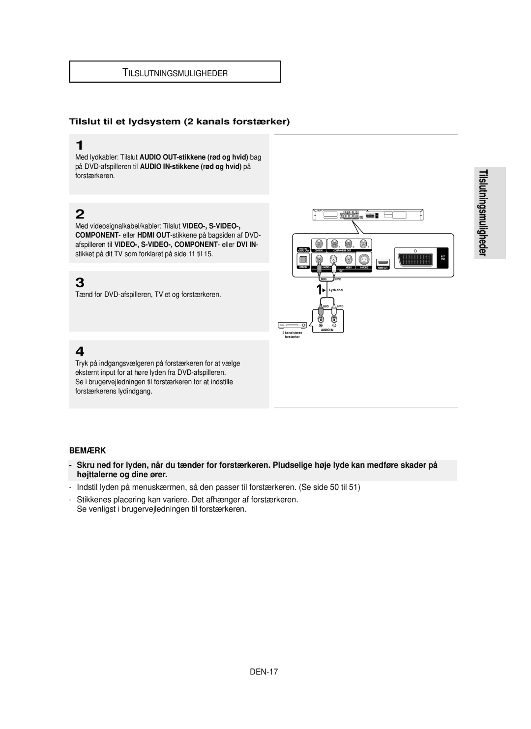 Samsung DVD-HD850/XEE manual Tilslut til et lydsystem 2 kanals forstærker, DEN-17, Forstærkeren 