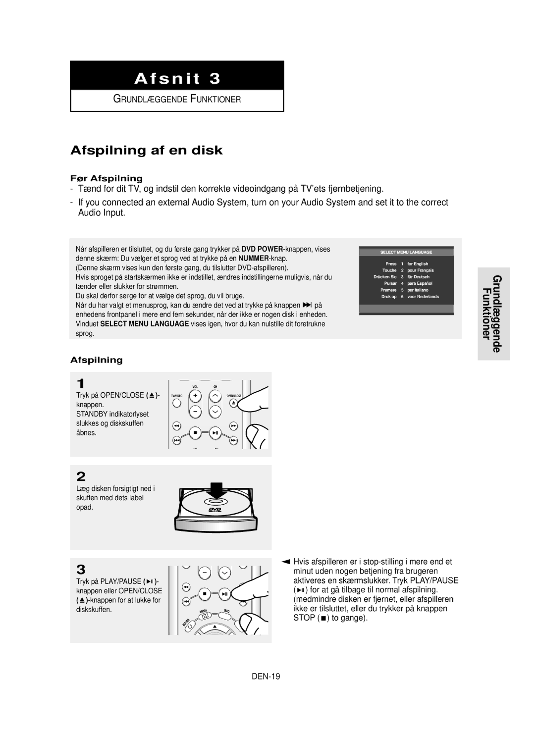 Samsung DVD-HD850/XEE manual Afspilning af en disk, Grundlæggende Funktioner, Før Afspilning, DEN-19 