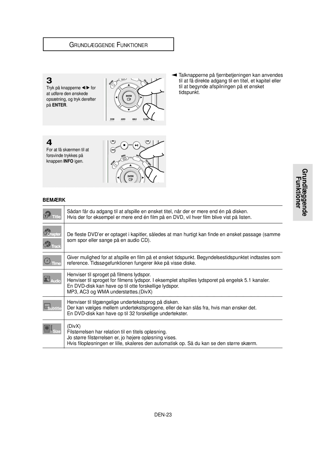 Samsung DVD-HD850/XEE manual Talknapperne på fjernbetjeningen kan anvendes, Grundlæggende Funktioner 