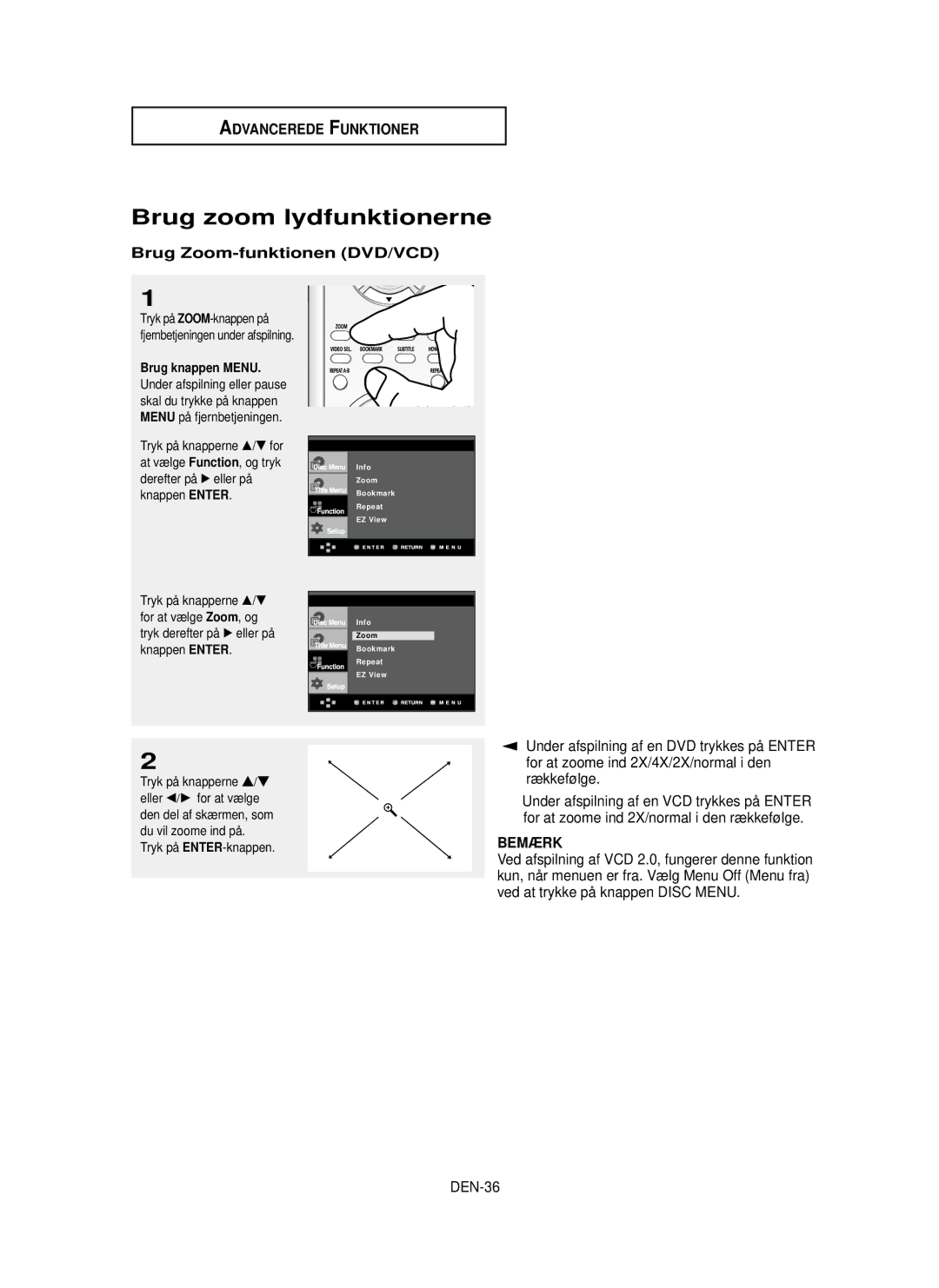 Samsung DVD-HD850/XEE manual Brug zoom lydfunktionerne, Brug Zoom-funktionen DVD/VCD, Rækkefølge, DEN-36 