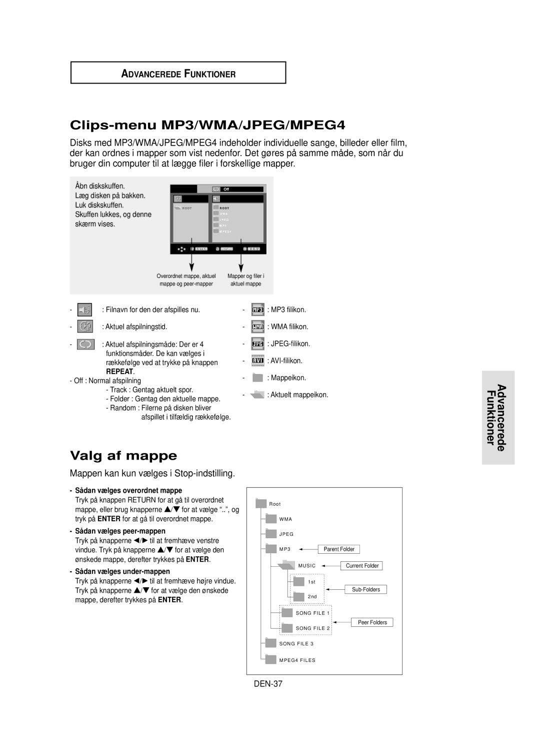 Samsung DVD-HD850/XEE manual Clips-menu MP3/WMA/JPEG/MPEG4, Valg af mappe, Advancerede Funktioner, DEN-37 